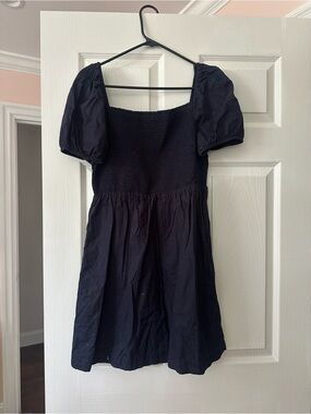 Navy Blue Puff Sleeve Smocked Bodice Mini Dress